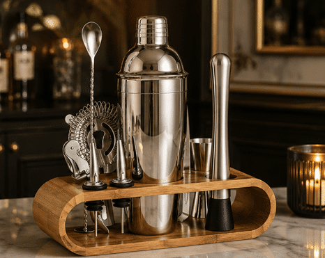Bar Set with Shaker and Bamboo Stand.