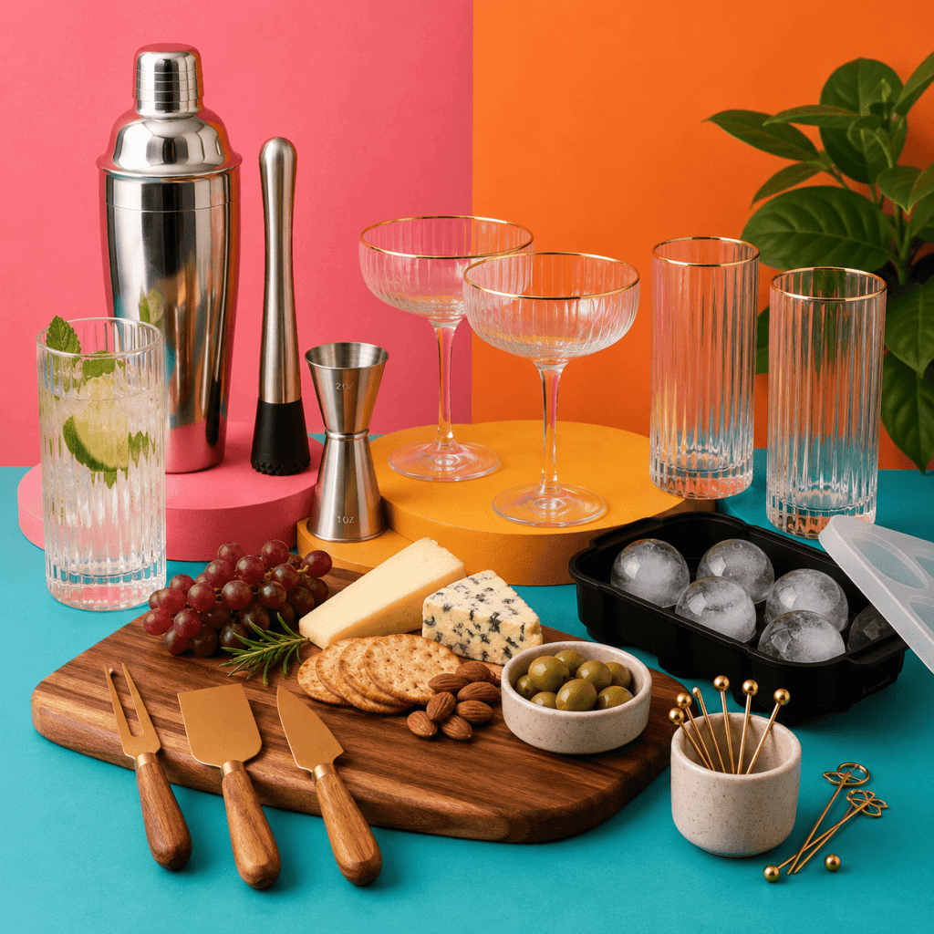 Cocktail and hosting tools like glasses, mixers, ice trays, etc.