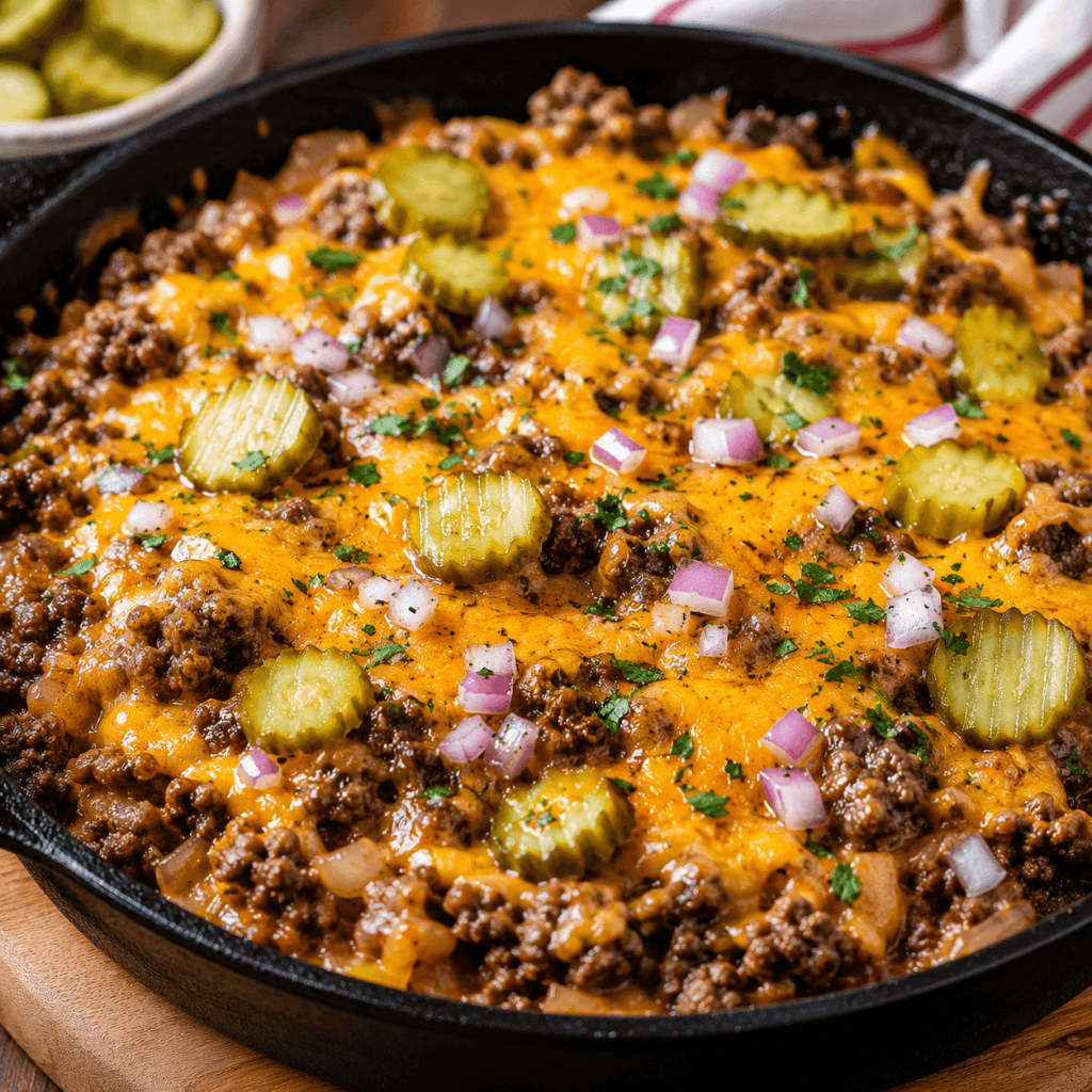 Cheeseburger skillet with pickles on top.