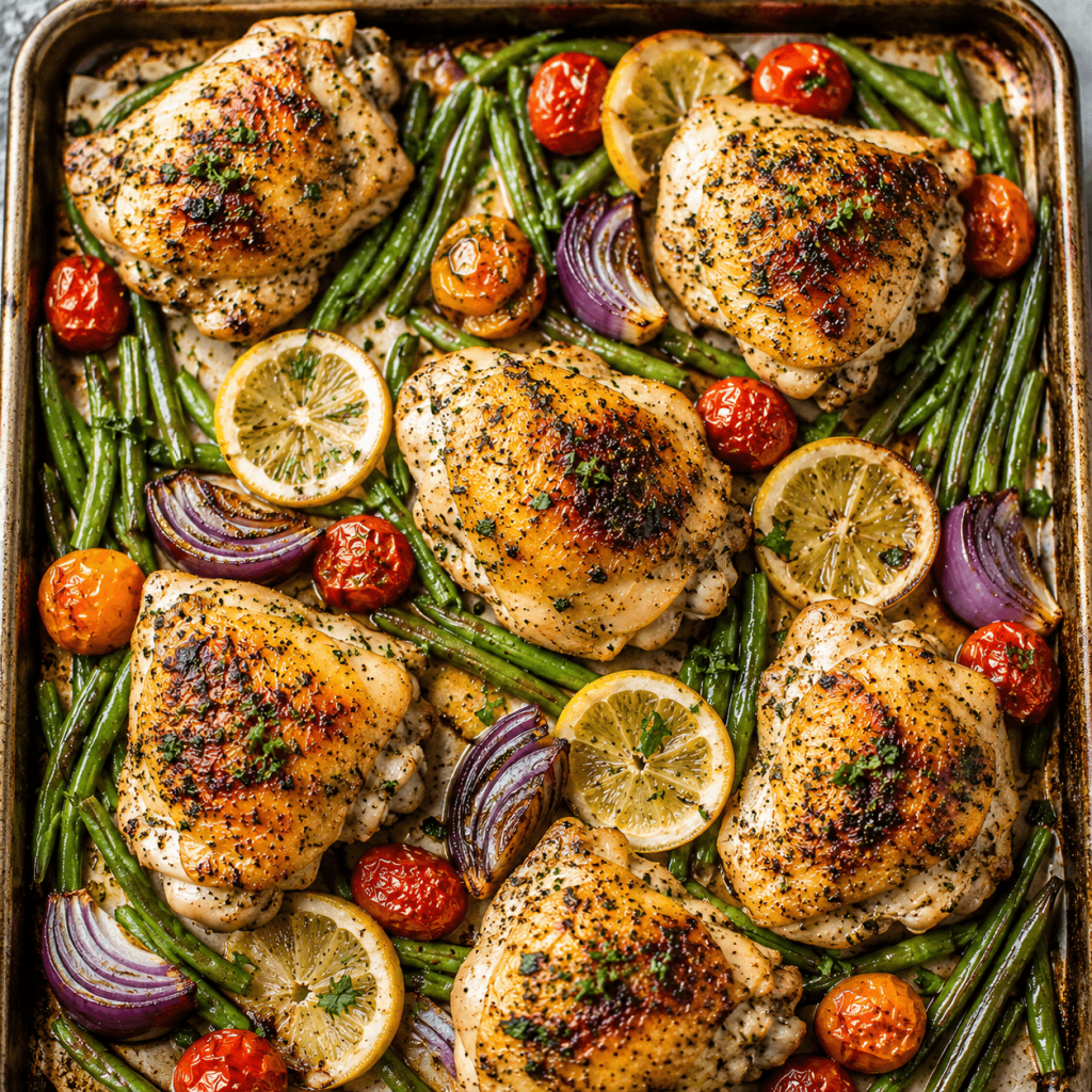 Sheet pan chicken thighs with green beans, tomatoes, and onions.
