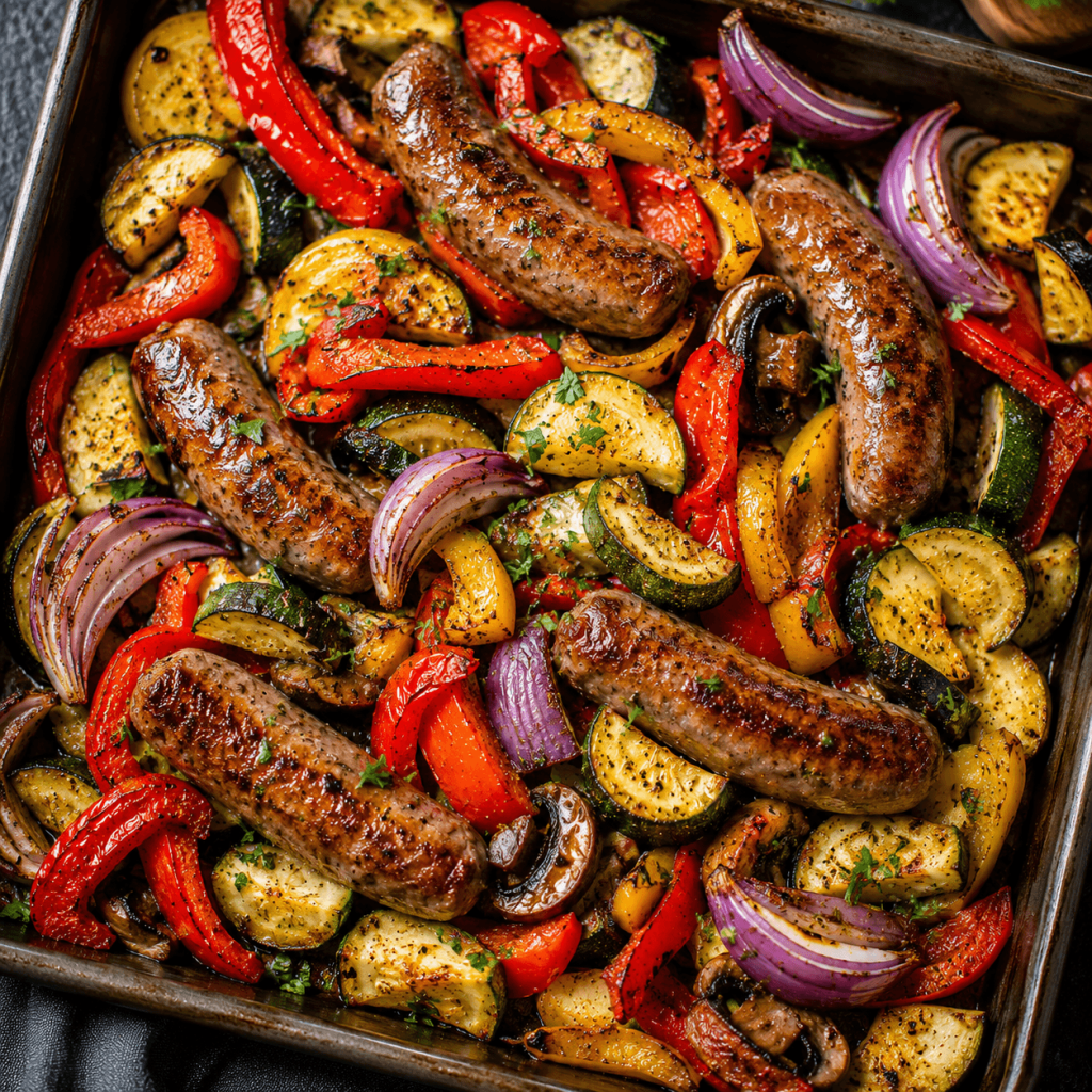 Italian sausages and roasted vegetables on a sheet pan.
