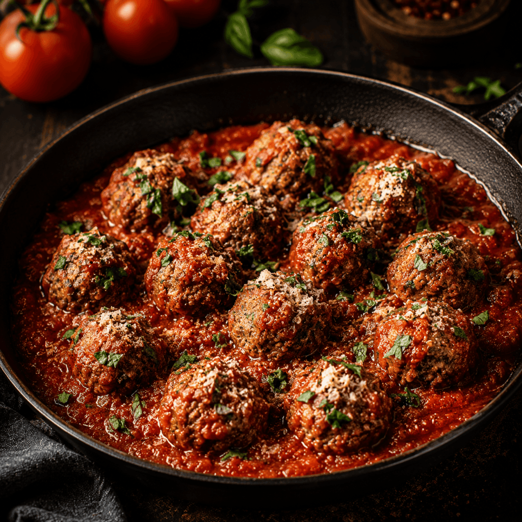 Italian meatballs and marinara in a skillet.
